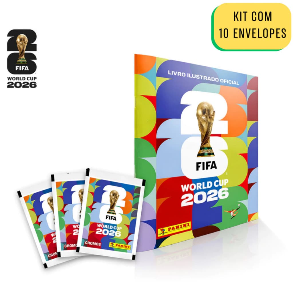 Álbum Copa do Mundo + 10 Envelopes de Figurinha FIFA 2026 - Livro Ilustrado Colecionável