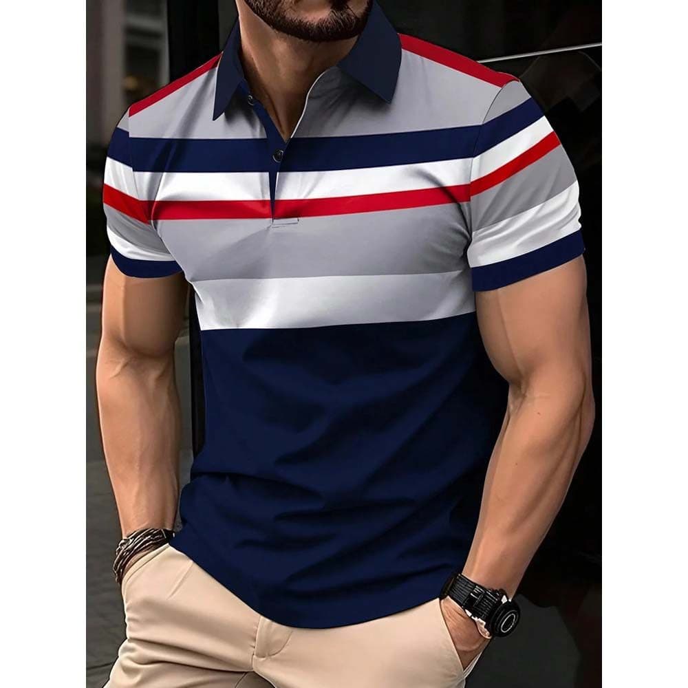 Camisa Polo Masculina Com Listras Horizontais Estampadas Em Tons Azuis E Vermelhos Casual Nova Coleção 2026 Para Lazer