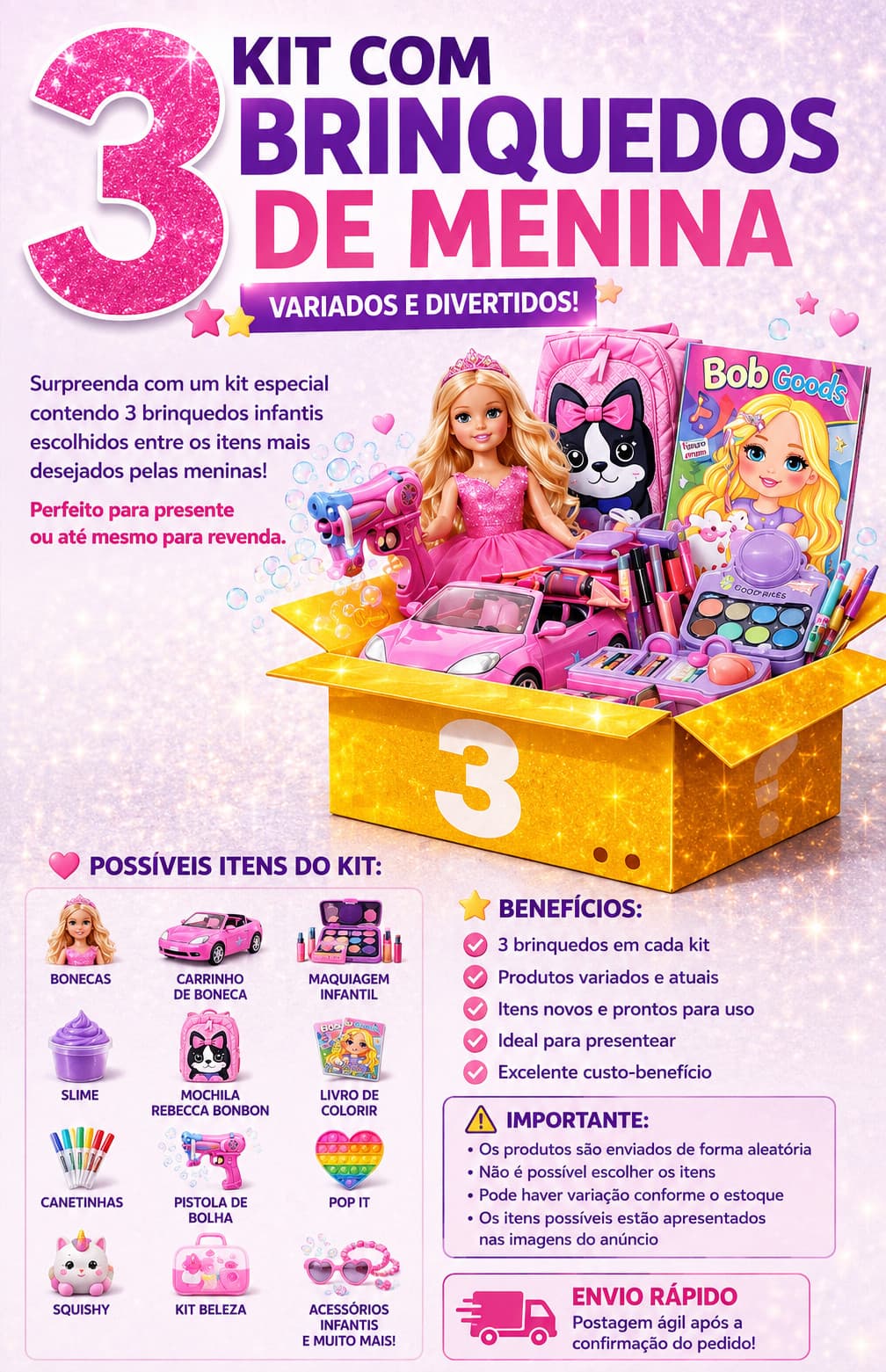 Kit 3 Brinquedos de Menina Surpresa Infantil Boneca Maquiagem e Acessórios Presente Educativo