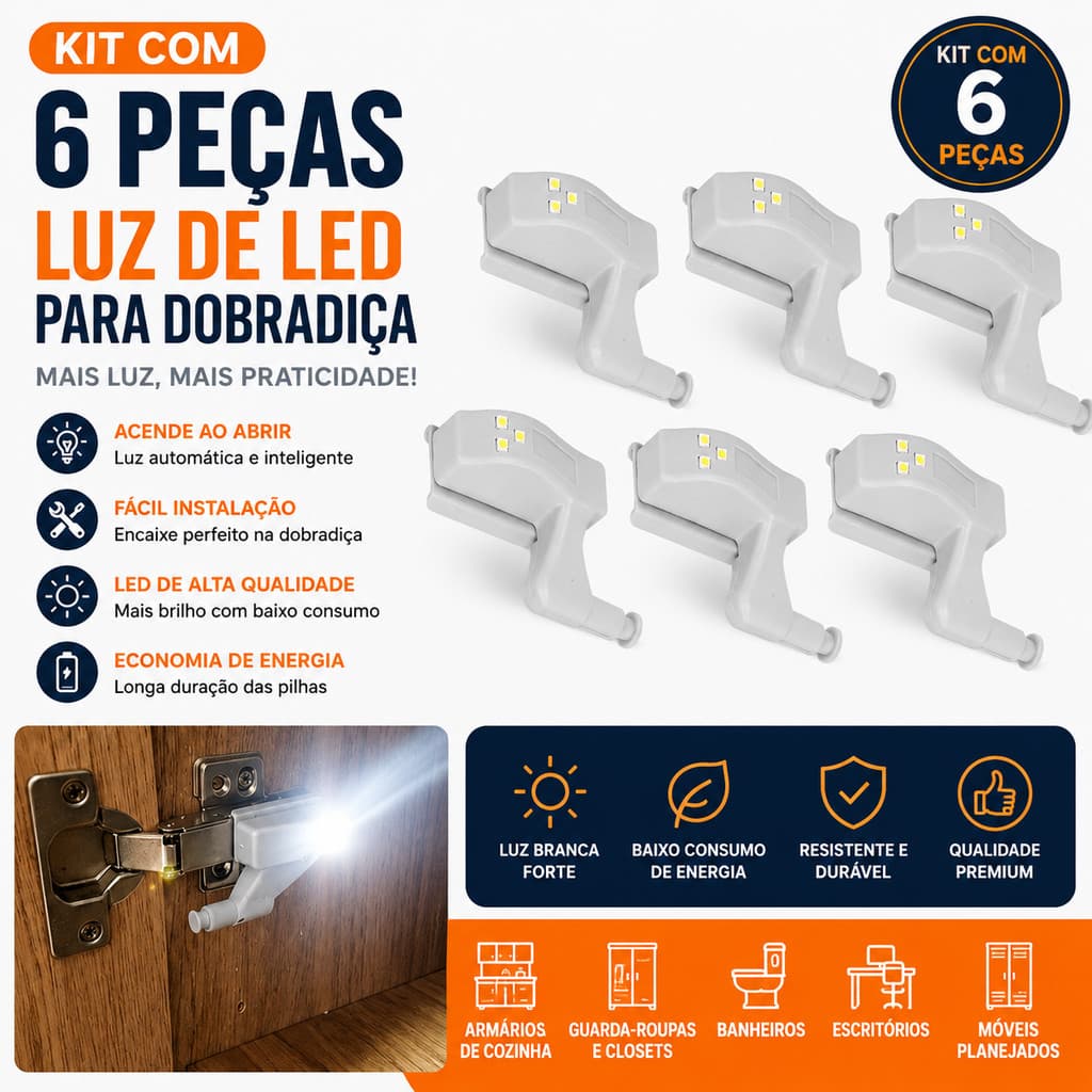 Kit 6 Lâmpadas LED para Dobradiça de Armário com Sensor Automático Luz Interna Guarda-Roupa