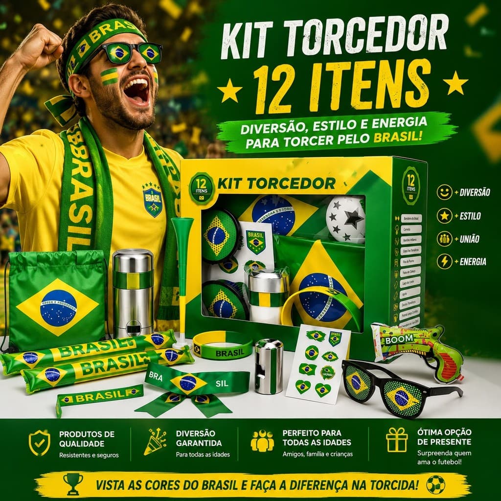 Kit Torcedor Futebol Brasil 12 Itens Completo Para Jogos e Festas Copa Do Mundo 2026
