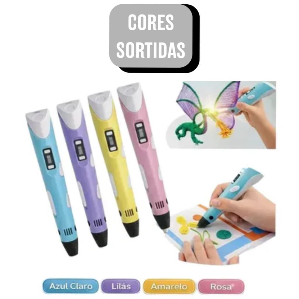 Caneta 3D Impressora Criativa Kit Completo Filamentos Coloridos para Desenho Modelagem e Artesanato - (Cores Sortidas)