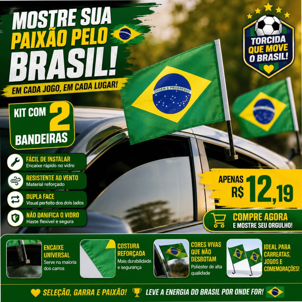 Conjunto com 2 Bandeiras do Brasil para Vidro de Carro – Torcida Copa do Mundo