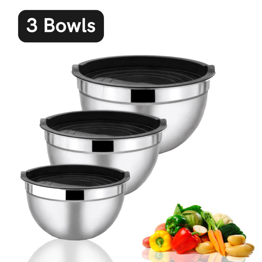 Bowl Aço Inox com Tampa de Silicone Kit 3 Tamanhos 18 20 22cm Saladeira para Armazenar Alimentos