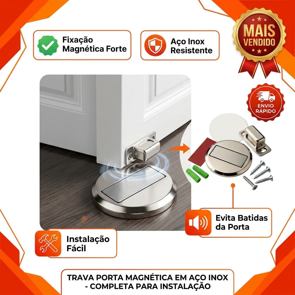 Trava Porta Magnética Inox Prendedor de Porta Imantado Fixador Segurador com Ímã