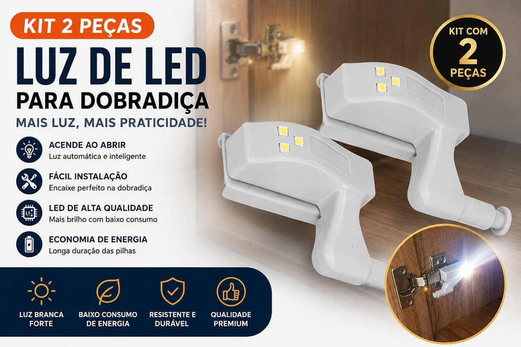 Kit 2 Luzes LED Sensor para Dobradiça de Armário Guarda Roupa Cozinha