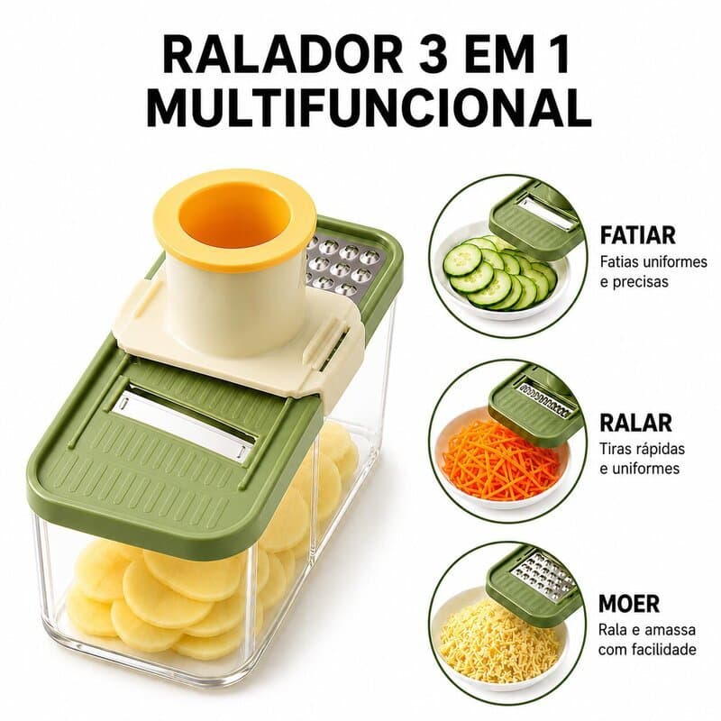 Ralador Fatiador 3 em 1 Multifuncional Manual Cortador de Alho Gengibre Legumes com Reservatório