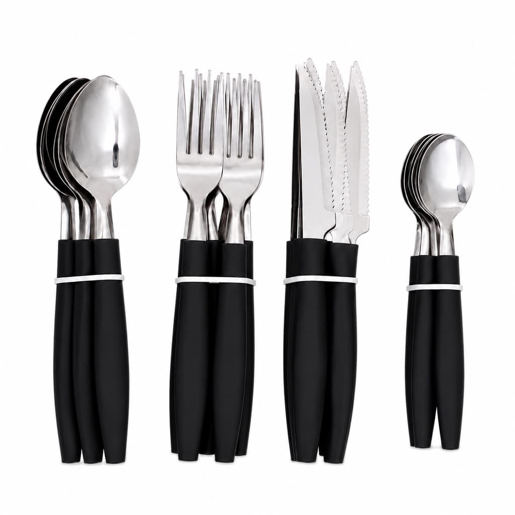 Kit Talheres 24 Peças Cabo Plástico Inox Preto