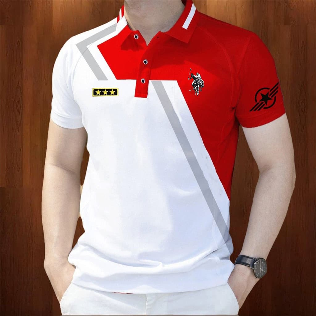 Camisa polo Masculina Cor Vermelha E Branca Bloqueada casual Manga Curta top Respirável Para Uso Diário