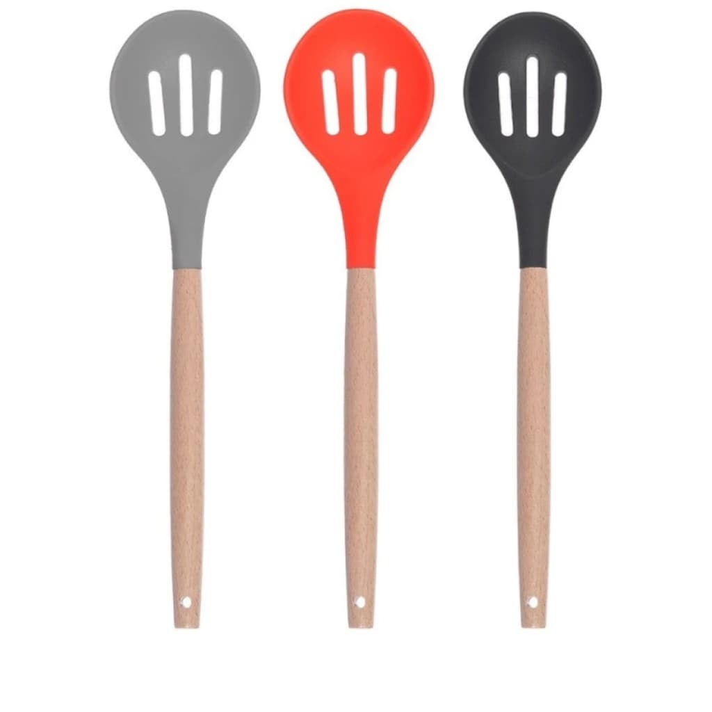Colher Vazada Silicone Cabo Bambu Cozinha Antiaderente BPA F