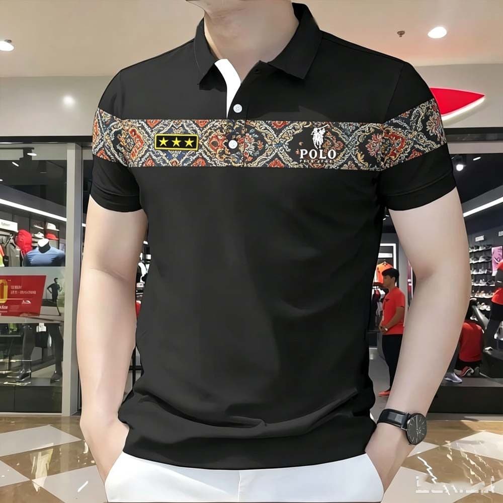Polo Social Masculino Impressão 3D Digital Étnico Listra Pescoço Preto Executivo Premium 2026