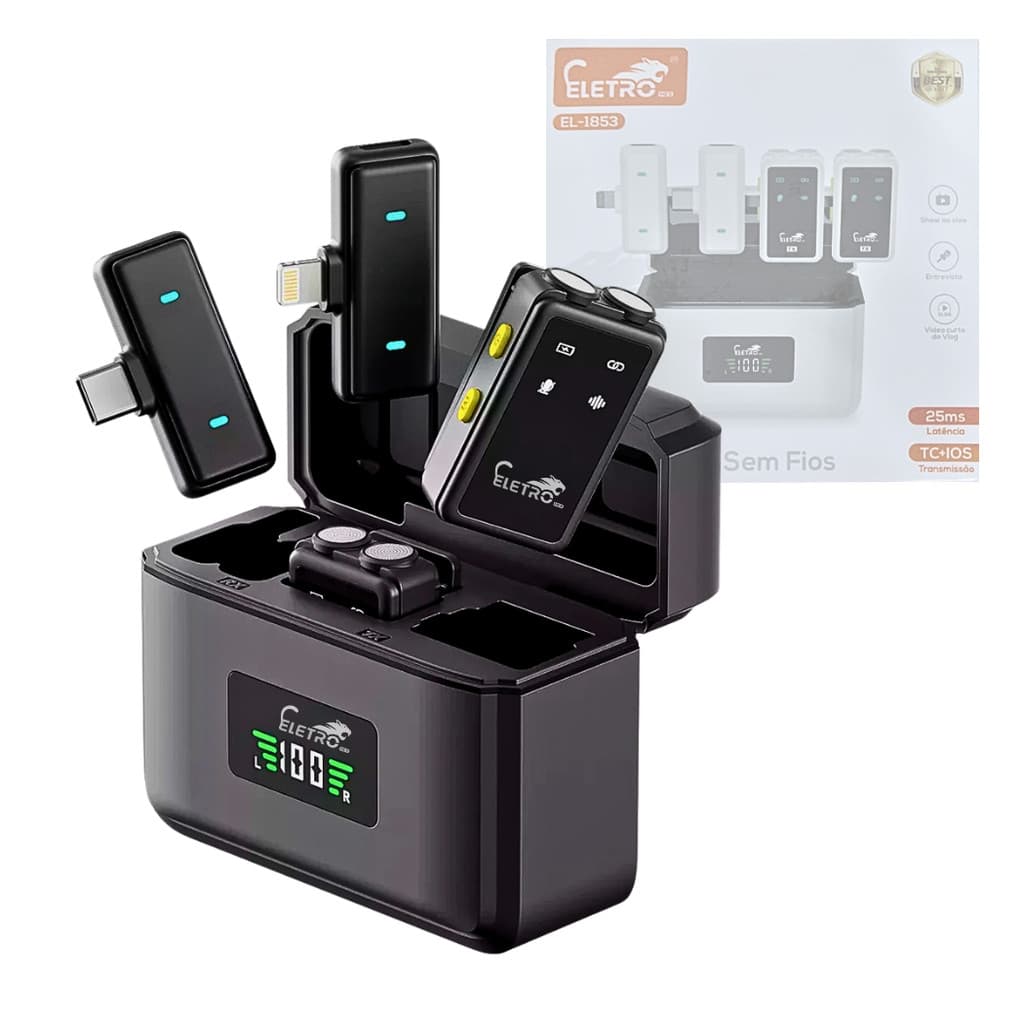 Microfone de Lapela Sem Fio Conexão Tipo-C e Lightning com Redução de Ruído Eletromex