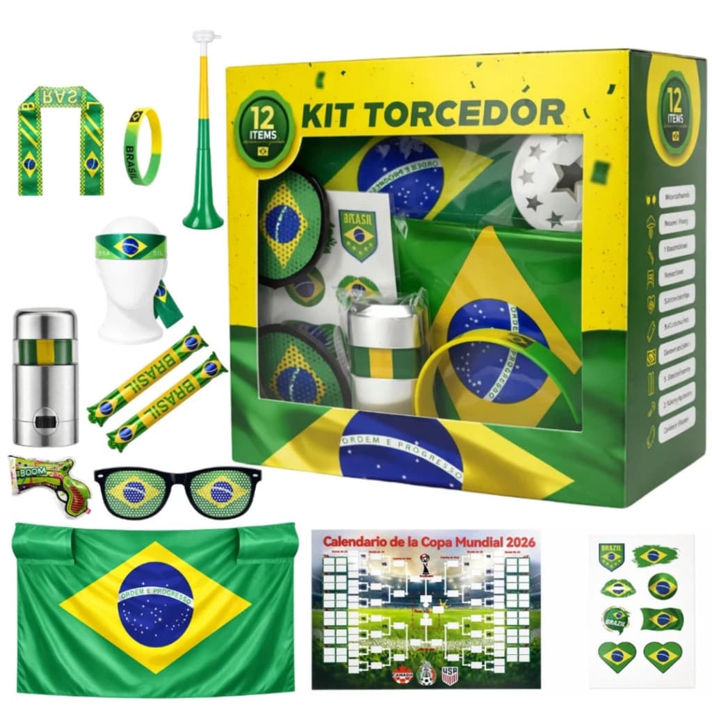 Kit Torcedor Brasil Copa 2026 Completo 12 Peças Bandeira Trompete Acessórios Festa Futebol