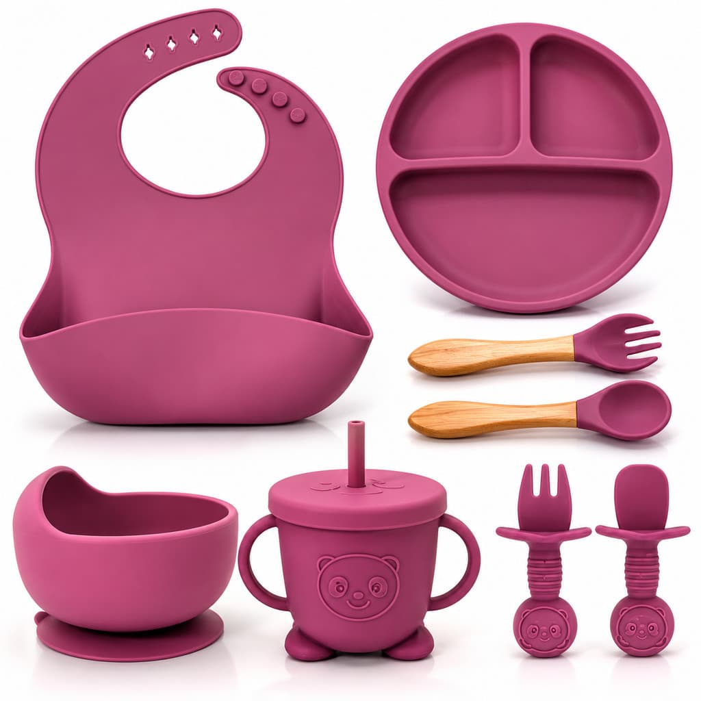 🍽️ Kit Alimentação Bebê Silicone 8 Peças com Prato Divisória, Copo, Talheres e Babador Impermeável Infantil