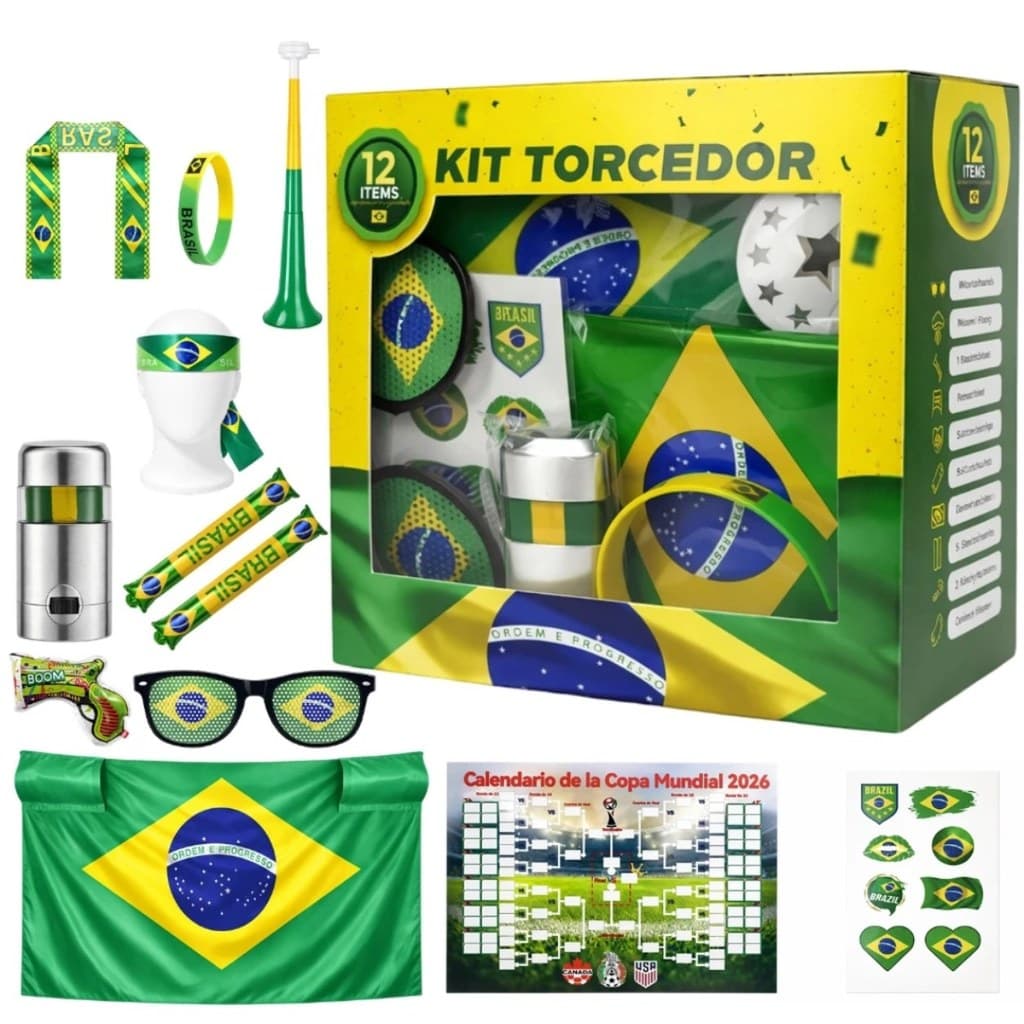 Kit Torcedor Brasil Copa 2026 12 Peças Acessórios Festa Futebol Bandeira Lenço Óculos Bastão e Trompete