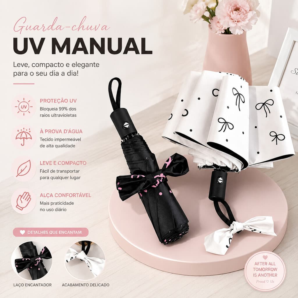 Guarda-Chuva Automático com Bolinhas e Laço – Toque Refinado, Proteção Solar e Uso para Chuva e Sol LEN-1296
