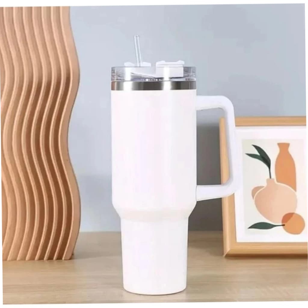 Normal - Copo Caneca (1200 ml) Térmica Inox com Alça e Canudo - Branco