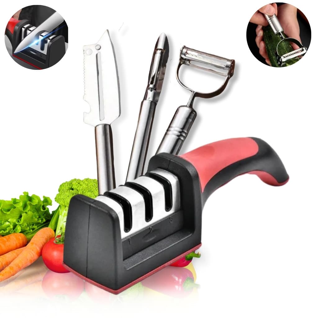 Kit Descascador Legumes Frutas Inox + Amolador de Facas Tesoura Afiador 3 em 1 Cozinha