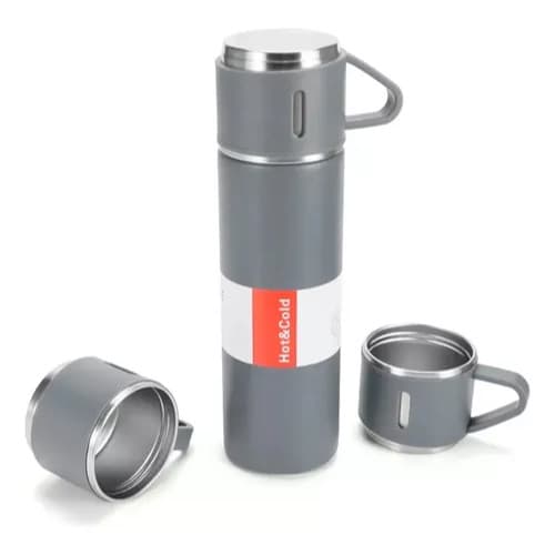 Kit Garrafa Térmica 500ml + 3 Xícaras em Aço Inoxidável  - Cinza