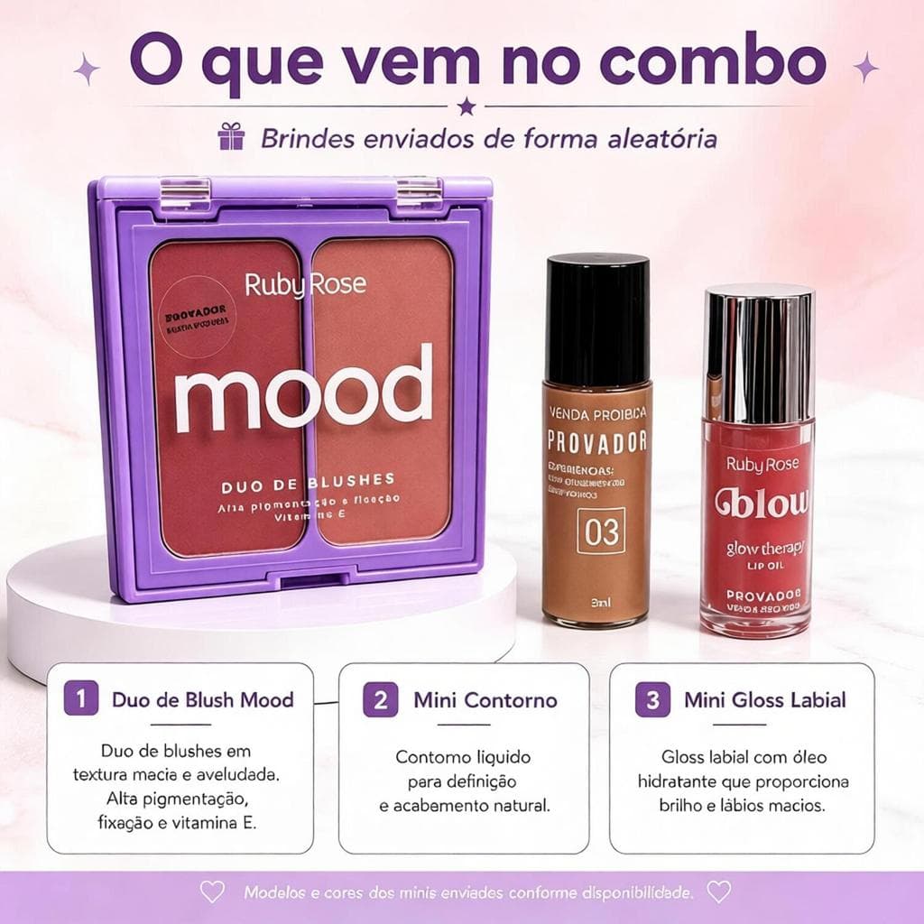 Duo de Blush Mood Ruby Rose – Acompanha Mini Contorno e Mini Gloss Labial (Cores Aleatórias)