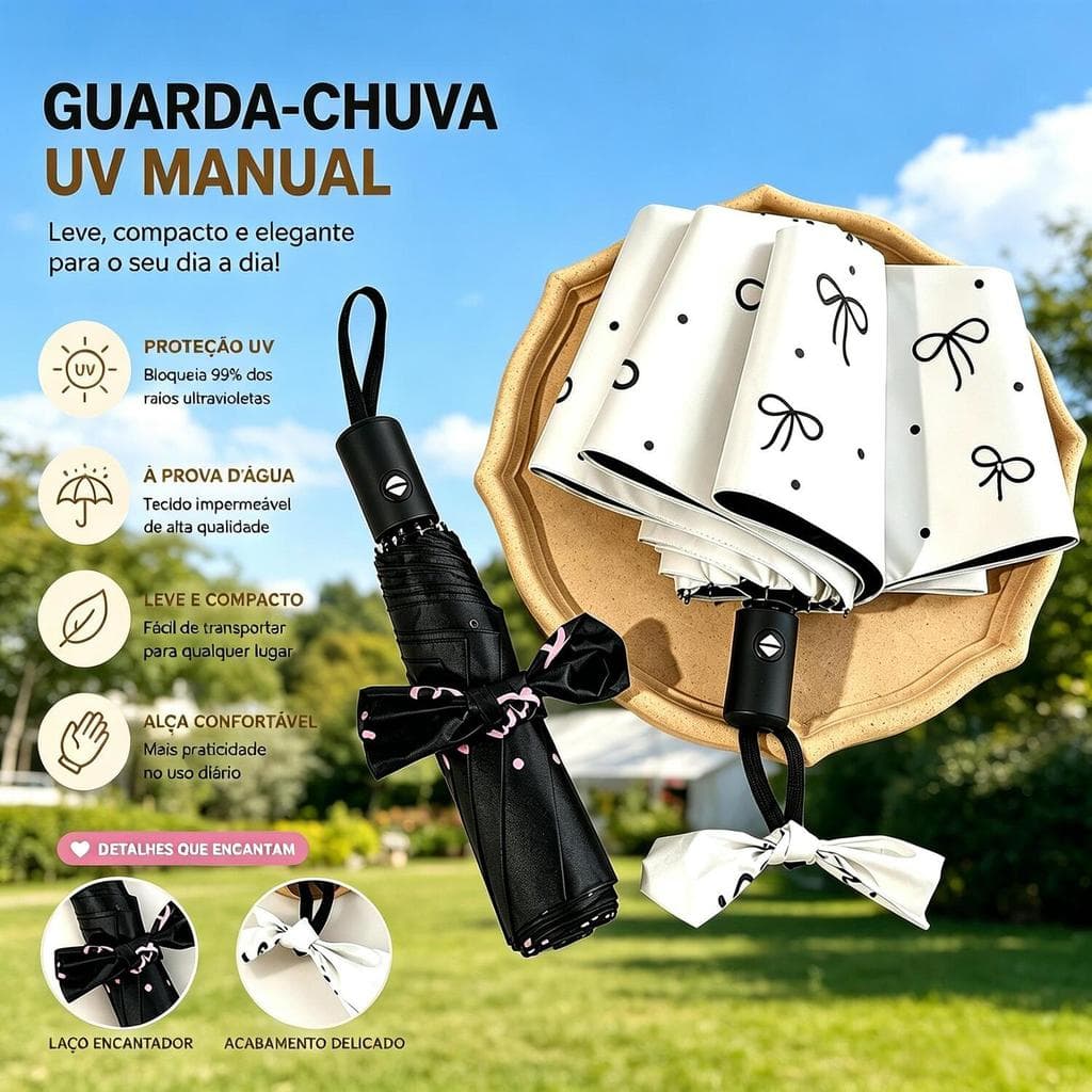 Guarda-Chuva Automático Bolinhas e Laço – Proteção Solar UV, Uso para Sol e Chuva com Estilo LEN-1296