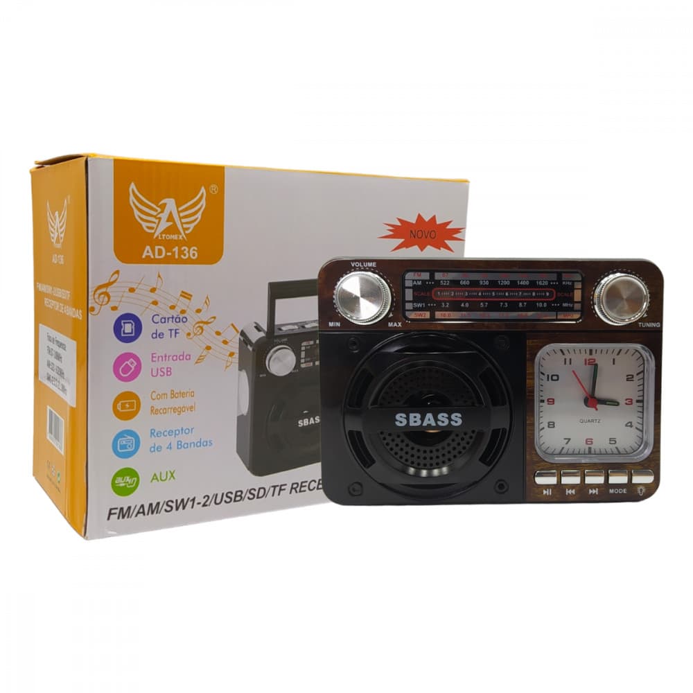 Radio Retrô Portátil Bluetooth com Relógio Analógico Altomex