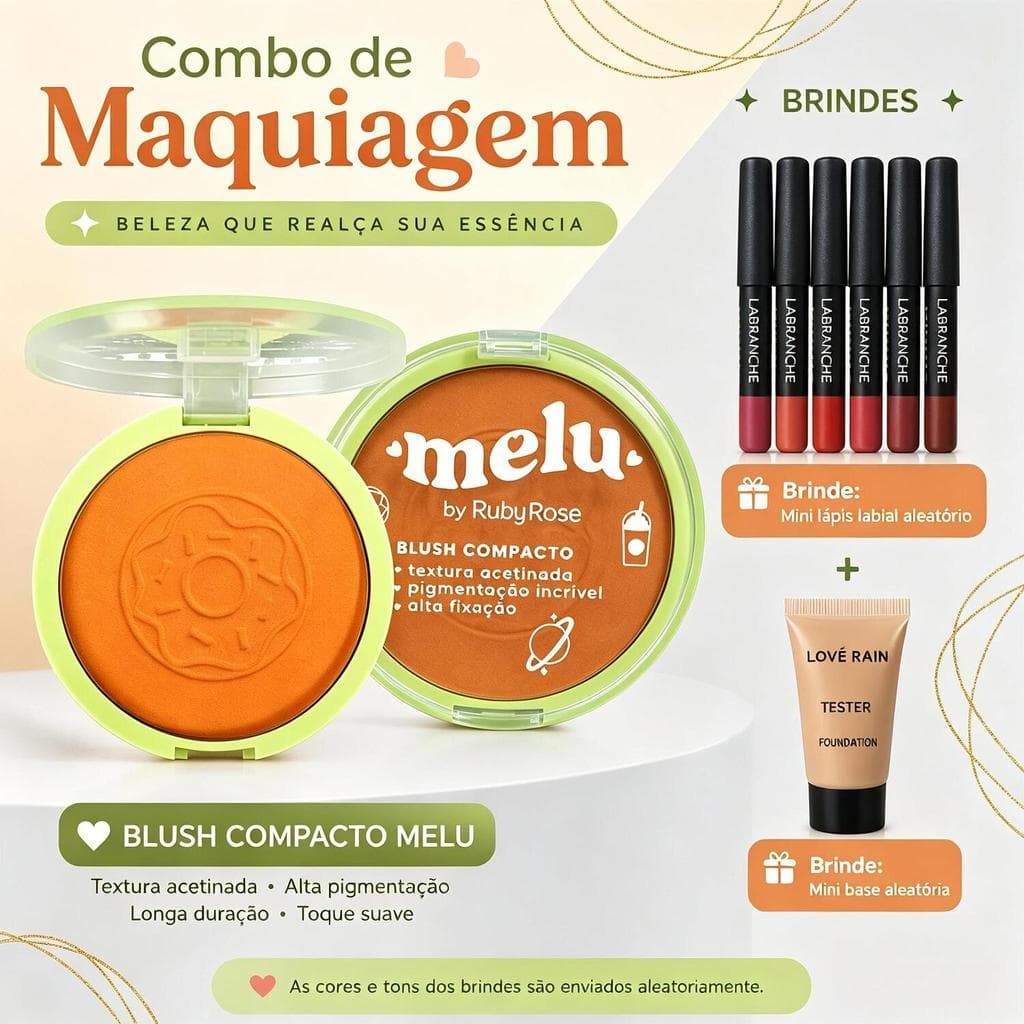 Melu Blush Compacto – Acompanha Mini Lápis Labial e Mini Base, Maquiagem Feminina