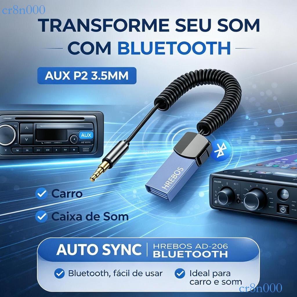Receptor Bluetooth Áudio P2 3,5mm Hrebos AD-206 | Microfone Integrado, Auto Sync, Adaptador para Carro e Áudio ✨cr8n000