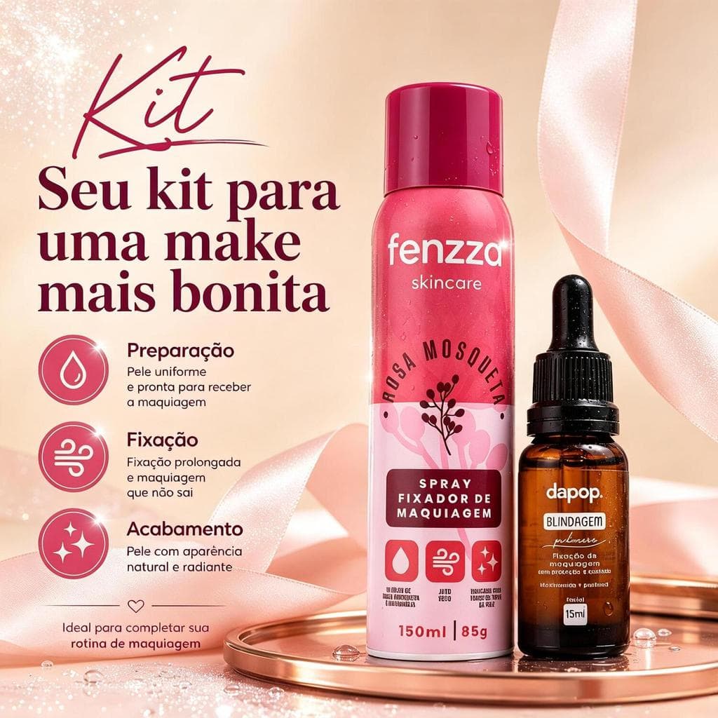 Spray Fixador Fenzza Rosa Mosqueta 150ml e Primer Dapop 15ml – Pele Preparada e Maquiagem Resistente DP2267+FZ50010