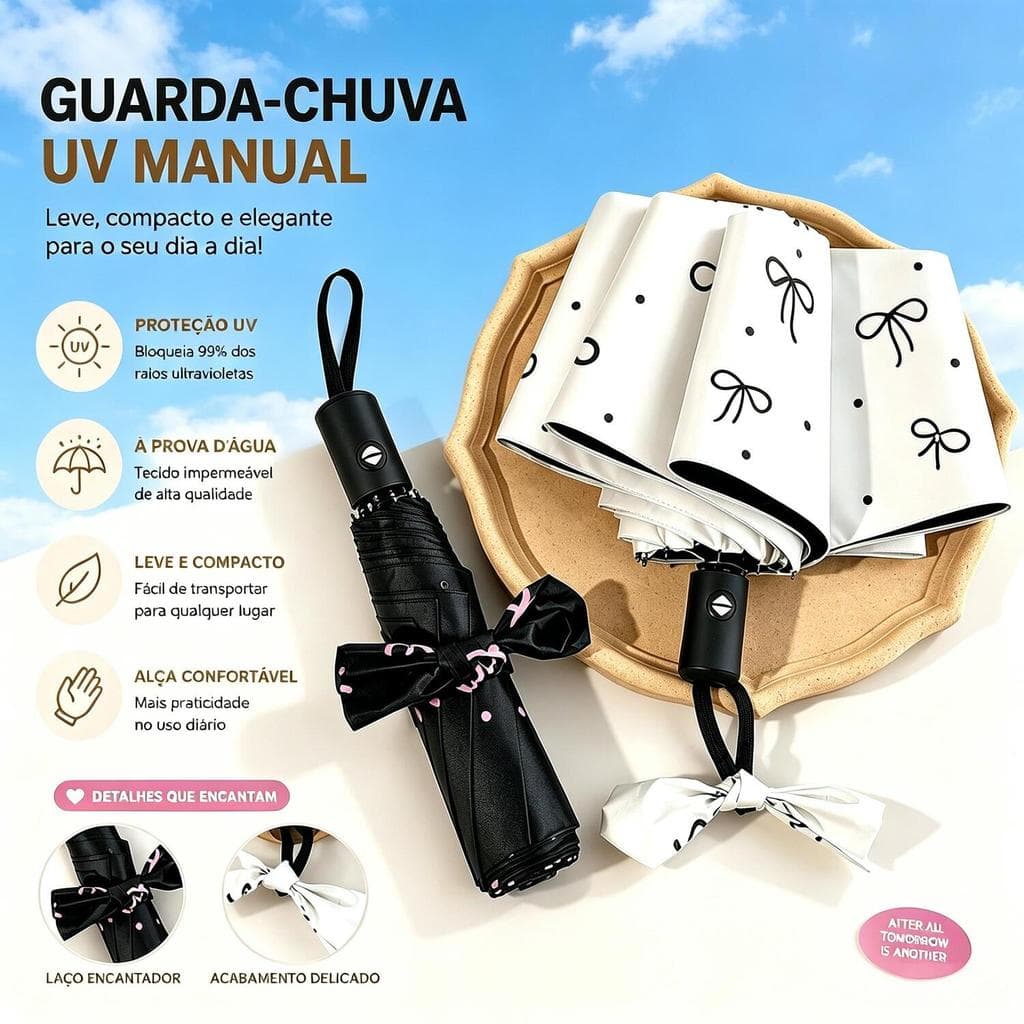 Guarda-Chuva Automático Bolinhas e Laço – Estilo Elegante com Proteção Solar e UV LEN-1296