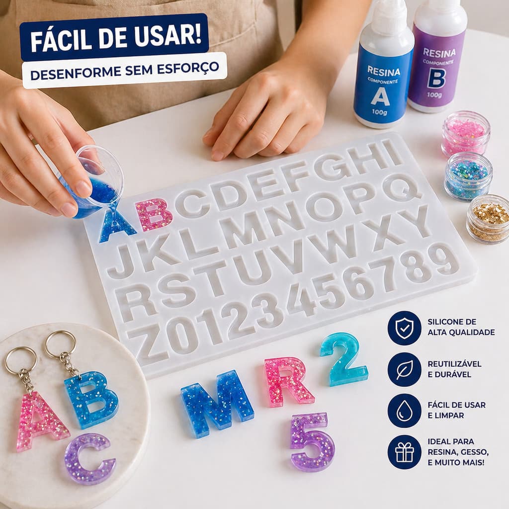 Molde Silicone Letras e Números Para Resina Epóxi Artesanato Fácil Desenforme