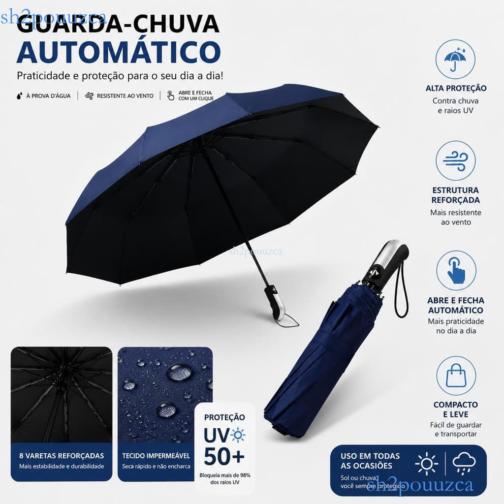 Guarda-chuva Automático Abre e Fecha Sozinho, Dupla Haste Reforçada, Anti-Vento, Bloqueio de Luz e Proteção Solar ✨sh2po