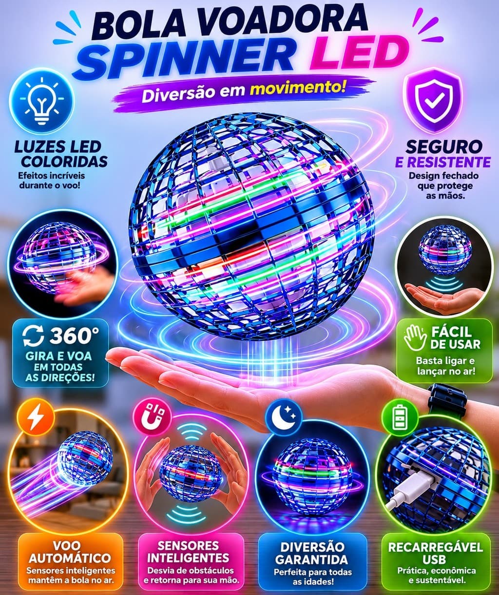 Kit 2 Bola Voadora Spinner LED Mini Drone Recarregável Brinquedo Atacado Promoção Genérico