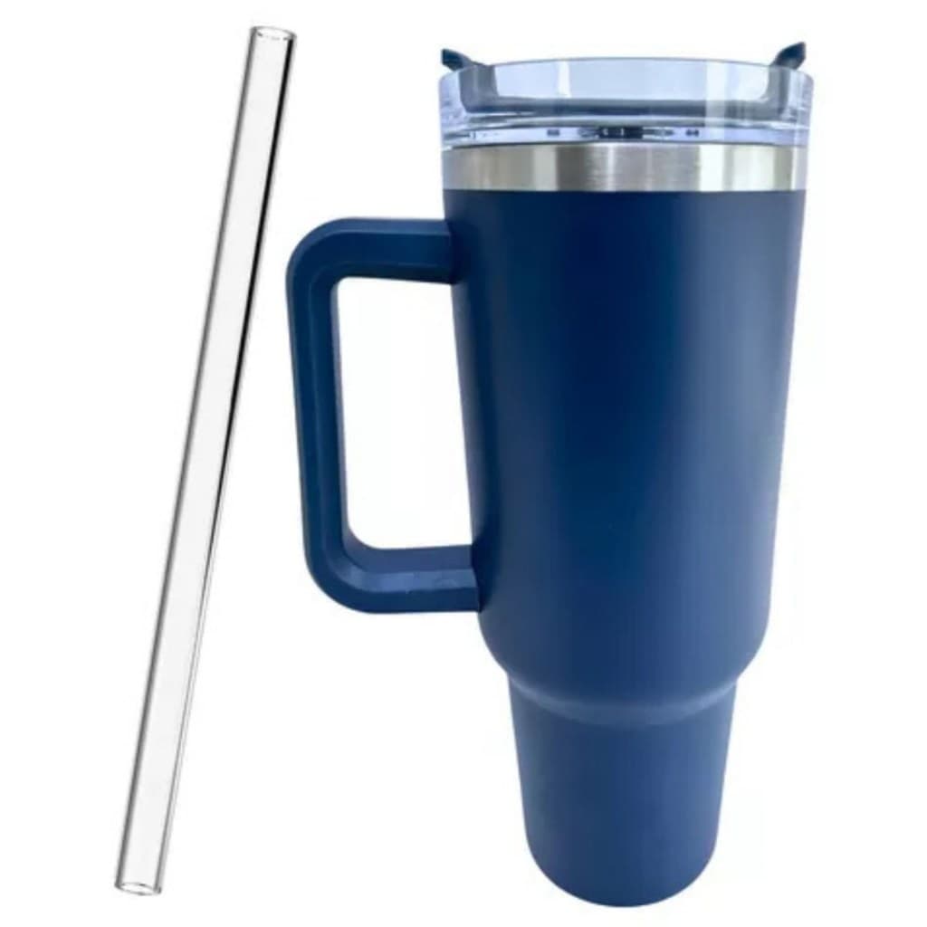 Normal - Copo Caneca (1200 ml) Térmica Inox com Alça e Canudo - Azul Marinho