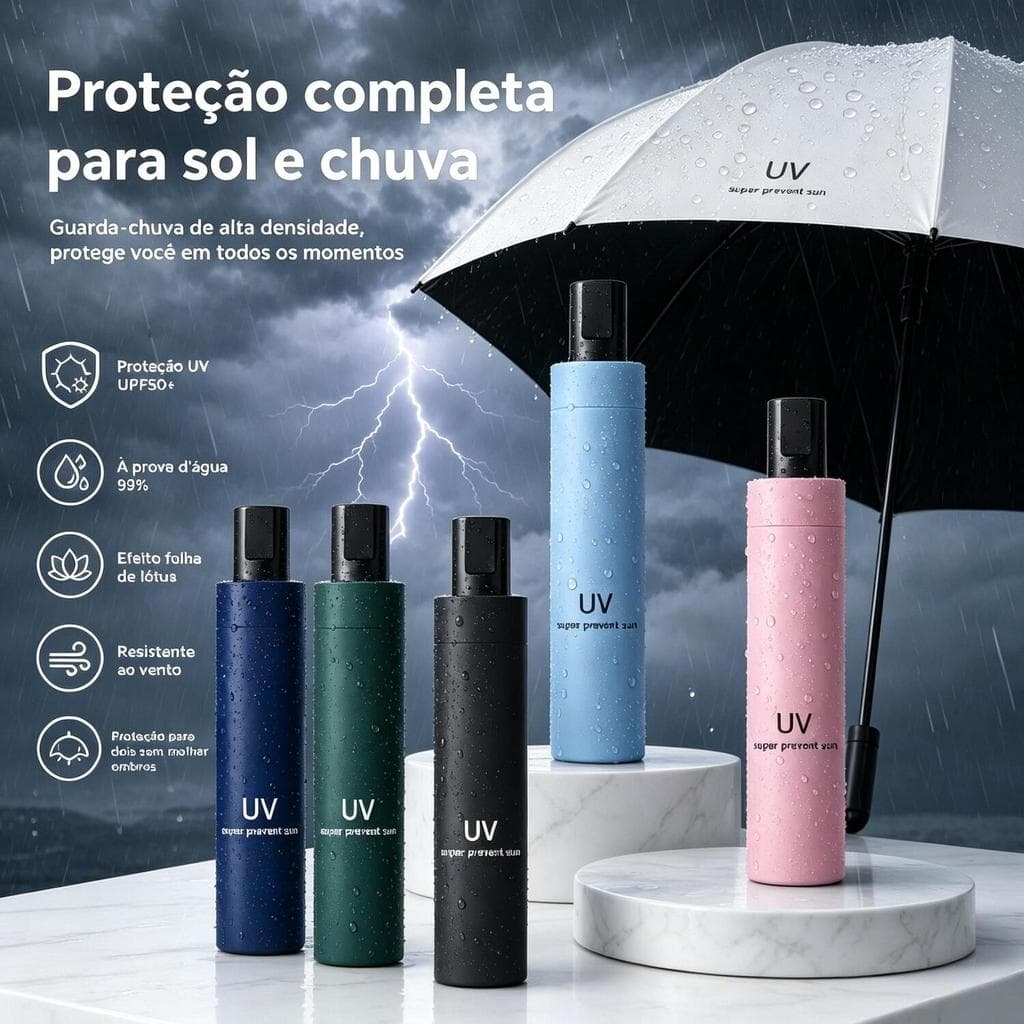 Guarda-Sol de Três Dobras – Guarda-Chuva Solar 2 em 1 com Proteção Solar LEN-1265