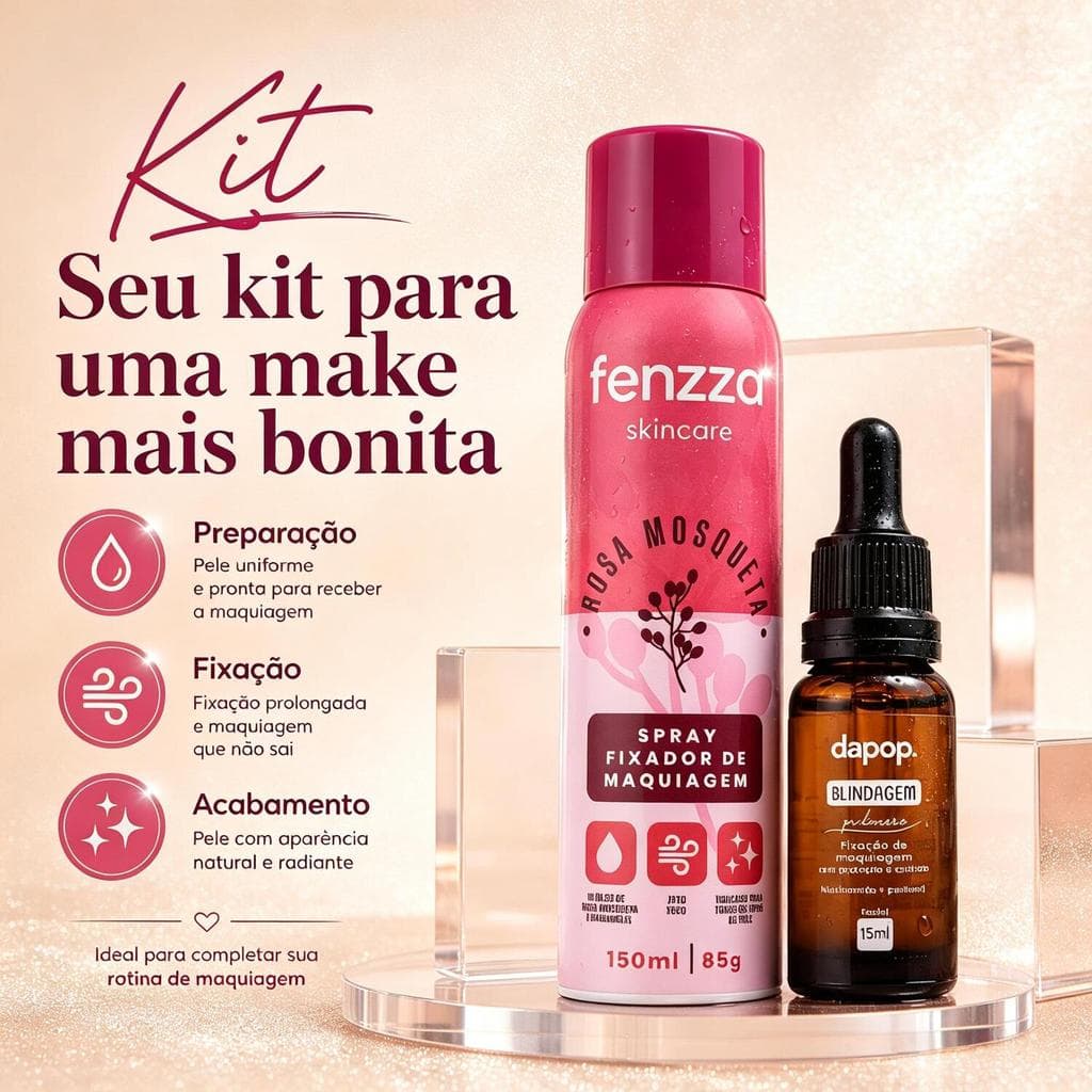 Fenzza Spray Fixador Rosa Mosqueta 150ml + Dapop Primer Blindagem 15ml – Preparação e Fixação para a Make DP2267+FZ50010