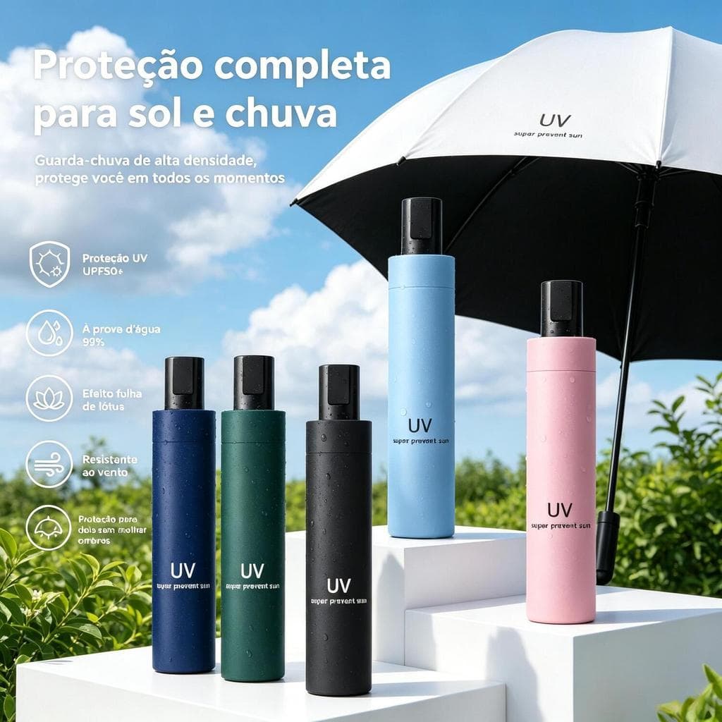 Guarda-Chuva Solar 2 em 1 – Proteção UV e Guarda-Sol, Modelo Três Dobras LEN-1265