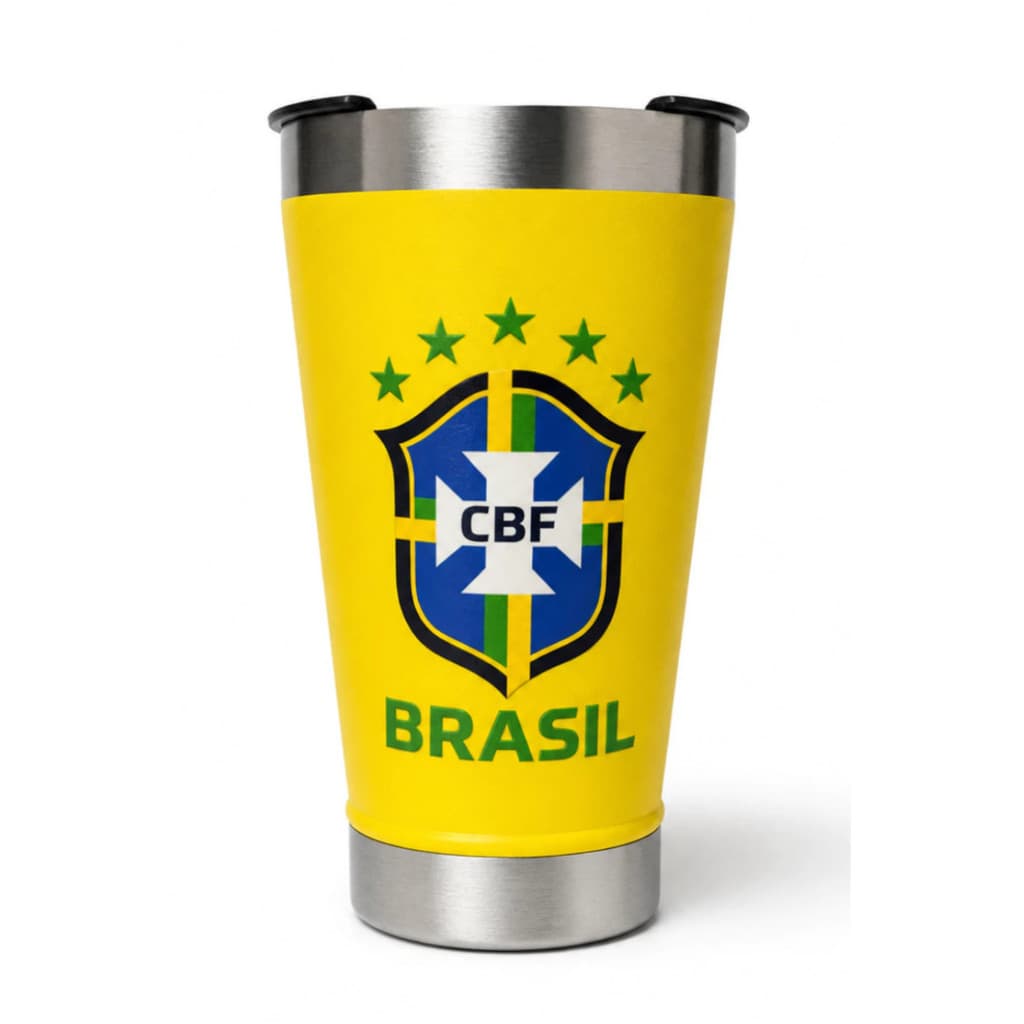Copo Térmico Brasil Inox 473ml Futebol Com Tampa Aço Inoxidável Amarelo