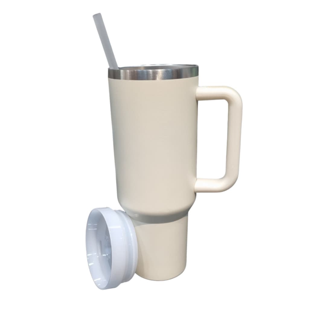 Copo Caneca (1200 ml) Térmica Inox com Alça e Canudo - Bege