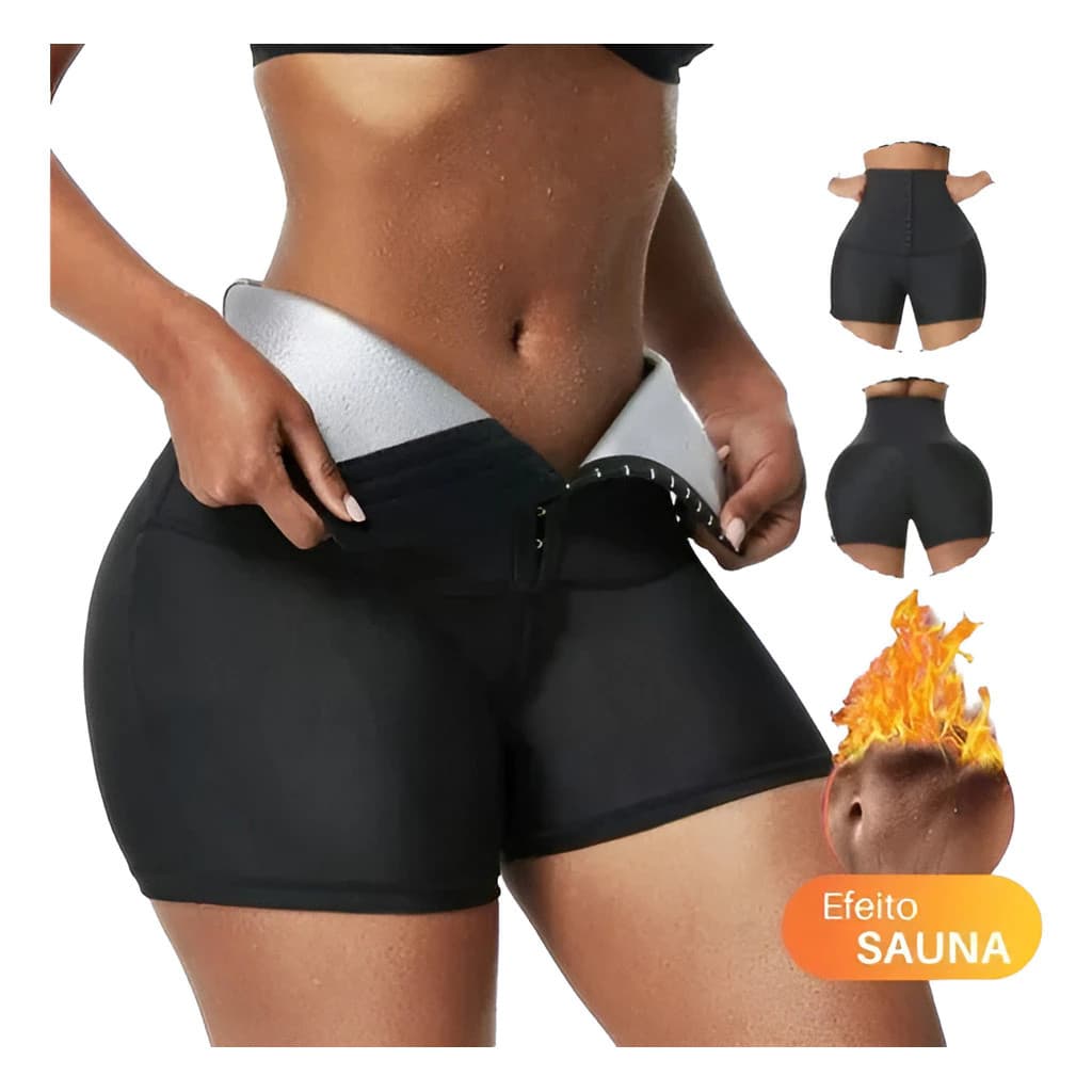 Short Modelador Efeito Sauna Preto tamanho M-Cintura Alta Reduz Medidas e Modela