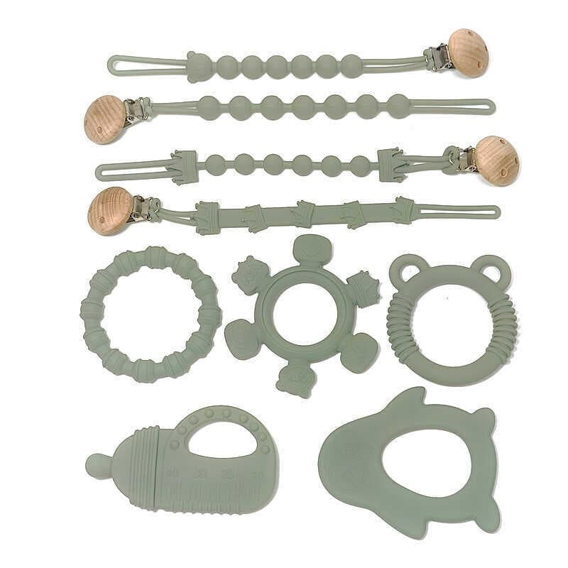 Bebê calmante mordedor bebê chupeta corrente Anti-comer mão Molar vara Silicone calmante mordedor cozido conjunto de qua