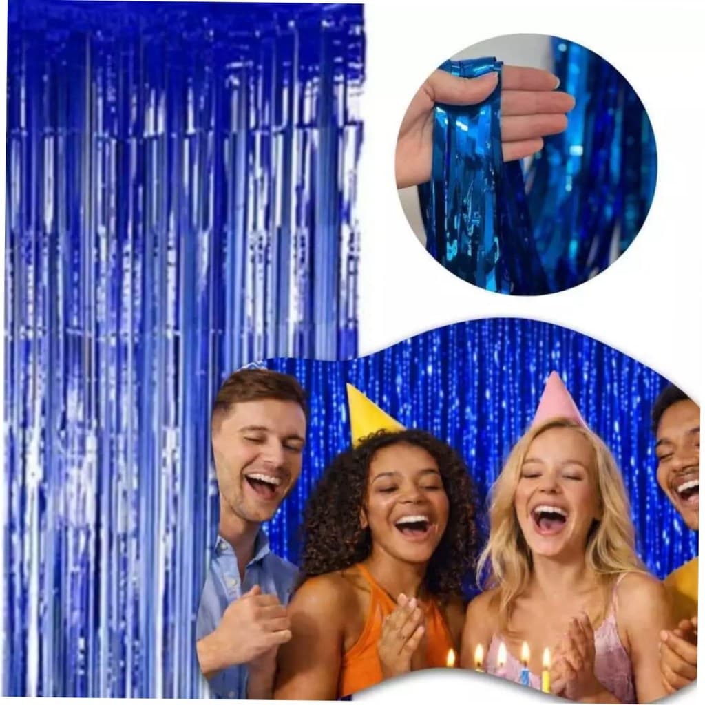 Azul - Cortina Franja Metálica 1x2m Painel Decoração Festa Fundo Fotográfico Cenário