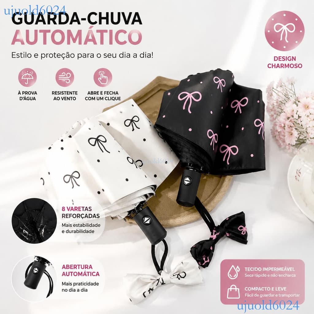 Guarda-chuva com laço e bolinhas, alta qualidade, proteção UV, versátil para sol e chuva ✨ujuold