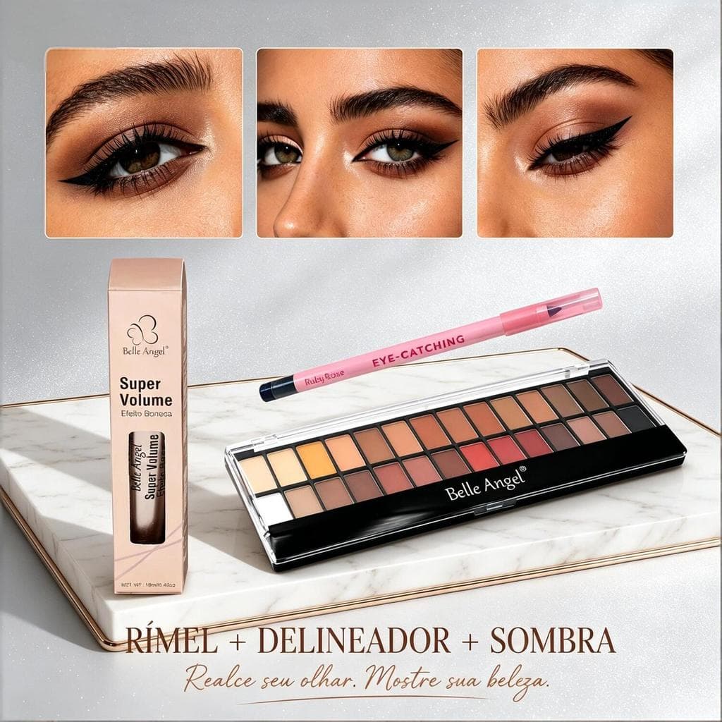 Rímel Belle Angel volume + Lápis Ruby Rose + Sombra Belle Angel – Efeito boneca, toque suave B039+B013+2400