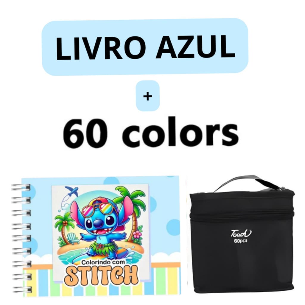 Kit Livro de Colorir Stitch Infantil + 60 Canetas Coloridas Ponta Dupla + Estojo Organizador