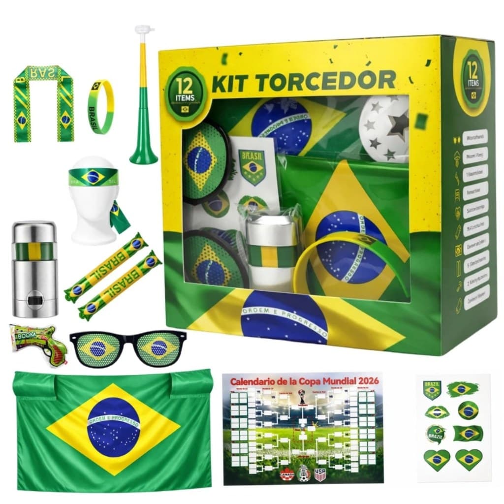 Conjunto 12 peças Torcedor Brasil Copa 2026 Completo Acessórios Festa Futebol