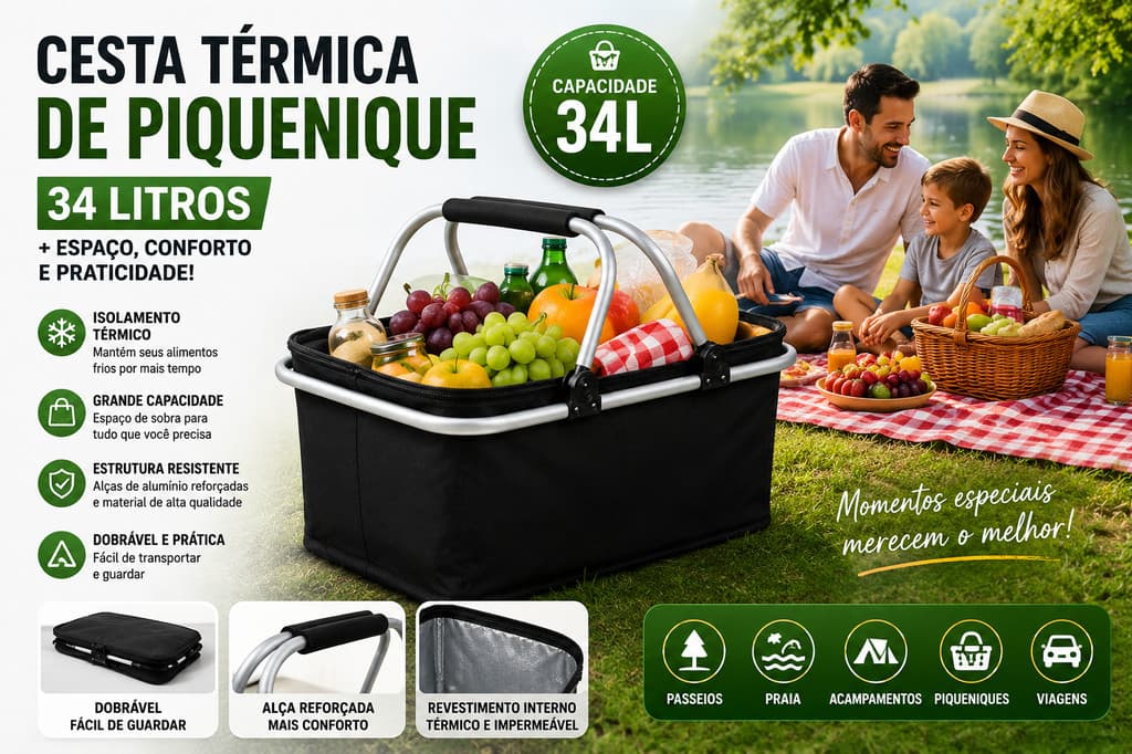 Cesta Térmica Piquenique Dobrável Com Alça Premium Bolsa Praia Camping 34l