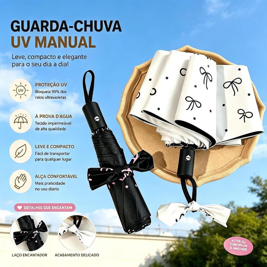 Guarda-Chuva com Bolinhas, Laço e Fechamento Automático – Proteção UV para Sol e Chuva LEN-1296