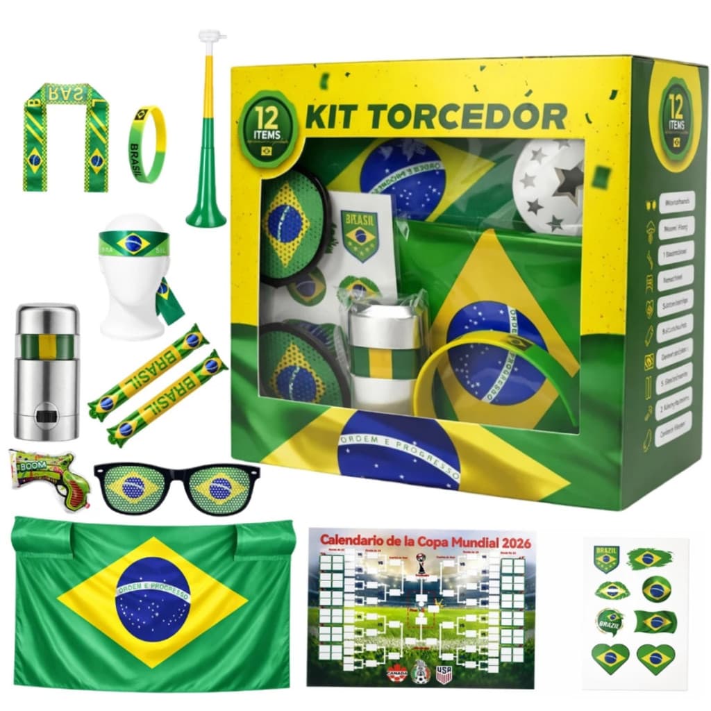 Conjunto 12 peças Torcedor Brasil Copa 2026 Completo Acessórios Festa Futebol