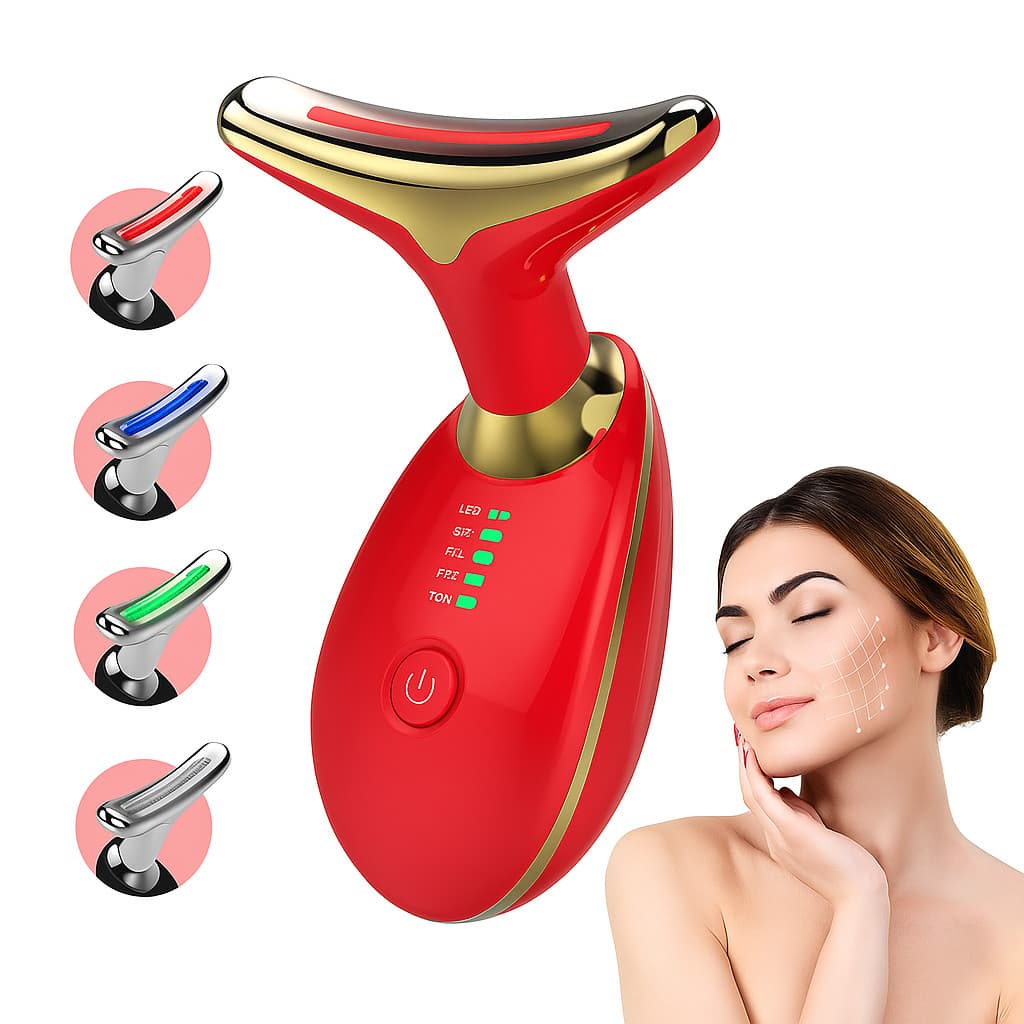Massageador Facial LED 7 Cores Modos, Aparelho Anti-Rugas para Rosto e Pescoço, Tratamento Estético Vibratório e com Luz